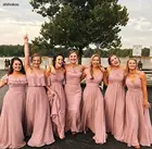 Женское шифоновое платье подружки невесты, длинное плиссированное платье розового цвета с карманами, корсет в пол, одежда для вечеринки