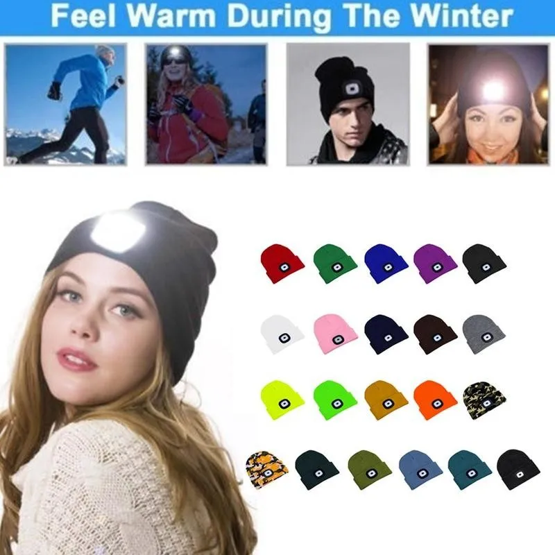 Unisex Led Knitted Beanie With Head Lamp Light Usb Rechargeable High Powered Fashion Knit Cap Men Women Hip Hop Winter Warm Hat images - 5