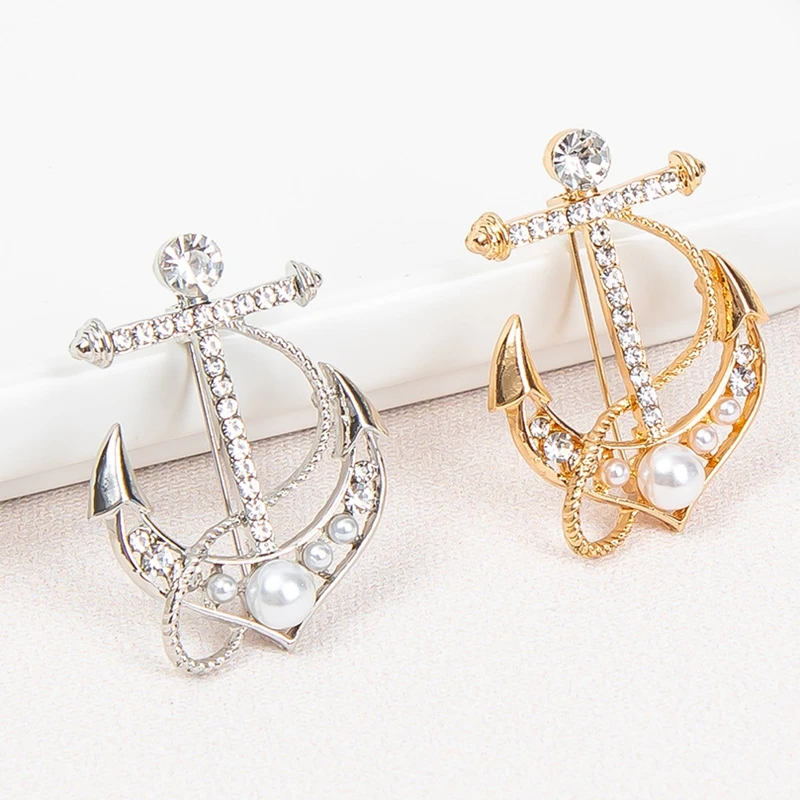

MOGAKU Gold Color Badges Anchor Brooch Women Navy Style Pearl and Crystal Lapel Pins Fashion Party Wedding Mens Brooches Jewelry