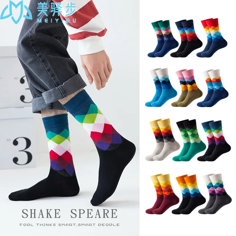 European and American Ins Style Stockings Female Amazon Supply Rhombus Pattern Cotton Fashion Socks Spot Wholesale