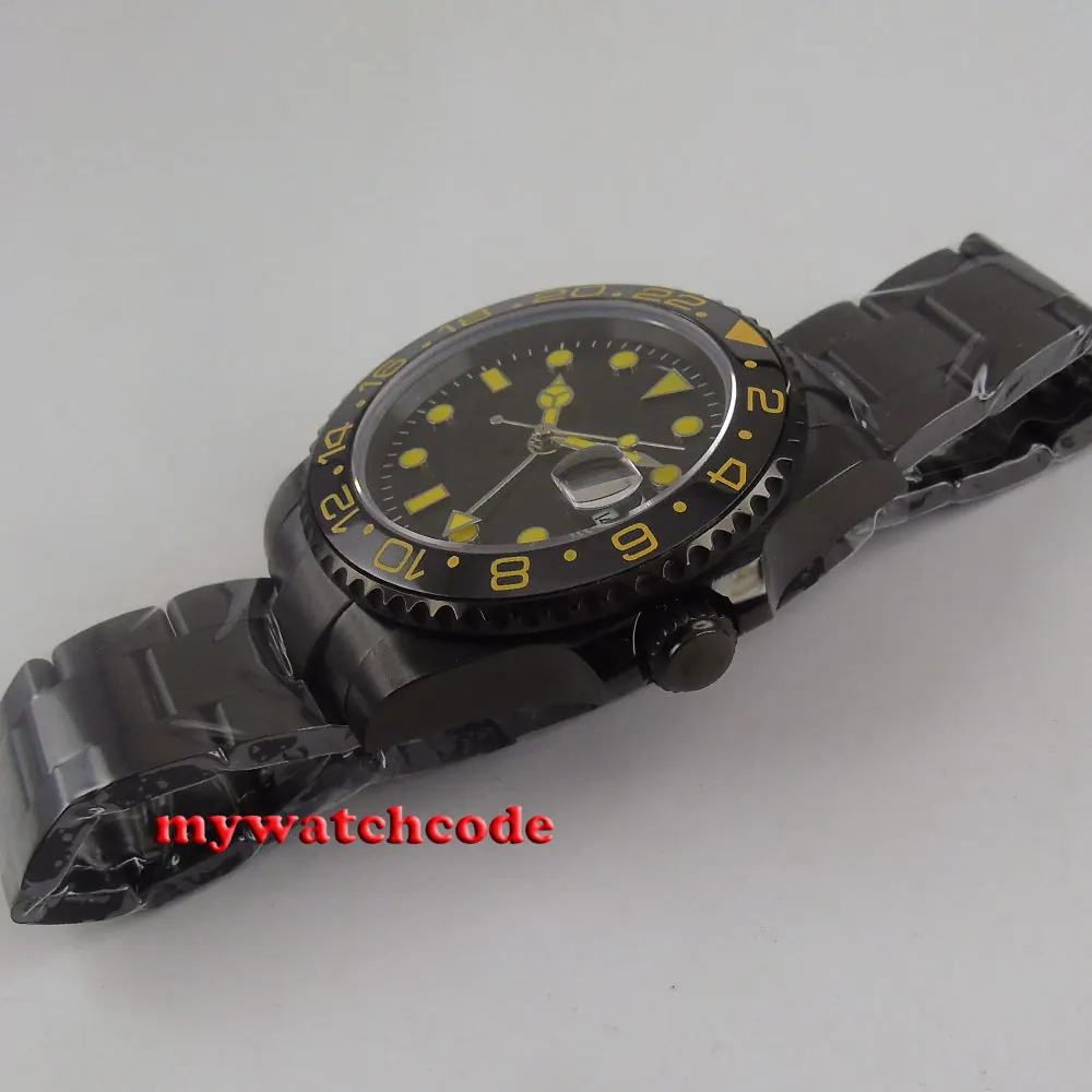 40 мм Bliger черный циферблат PVD GMT керамический сапфировый Кристалл Автоматические SS