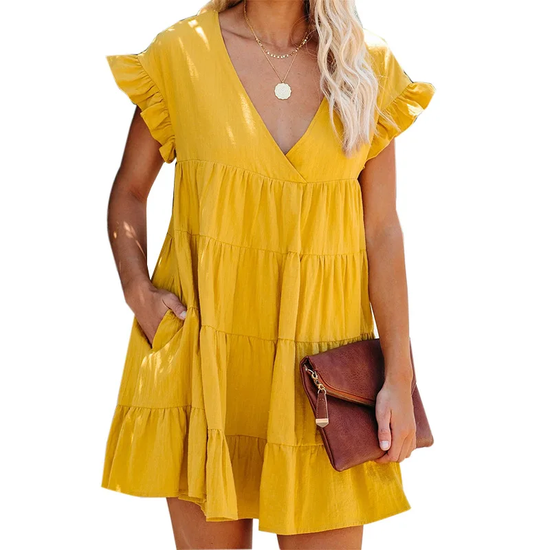 

Summer Loose Dress European and American Casual Temperament Women's Lotus Leaf Short Sleeve V-Neck Dress