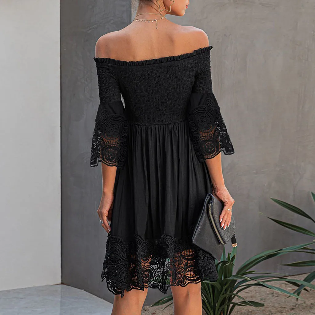 

Sagace 2021 New Summer Mini Dress Fashion Casual Womens Ruffles Floral Lace Off Shoulder Solid Flare Sleeve Dress