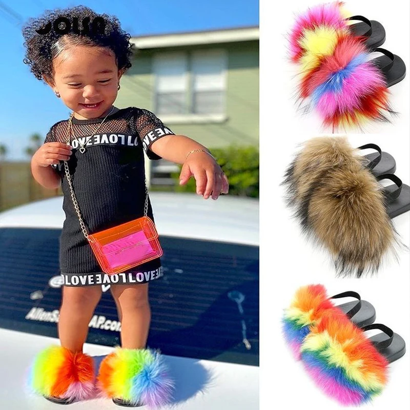

Kids Fur Slippers Fluffy Anti-Slippery Sliders Children Furry Flip-Flops Real Fox Fur Sandals Indoor Outdoor New Hot Sale
