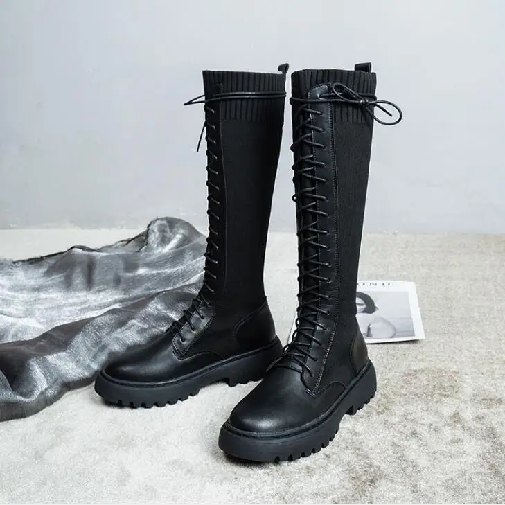 Сапоги В рыцарском стиле женские высокие сапоги 2019 мартинсы на шнуровке