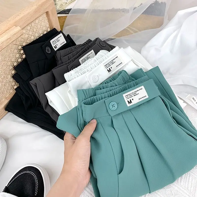 

2021 Women Harem Pants Fashion Solid Color Streetwear Korean Treandy High Waist Loose Casual Ice Silk Straight-Leg Pants