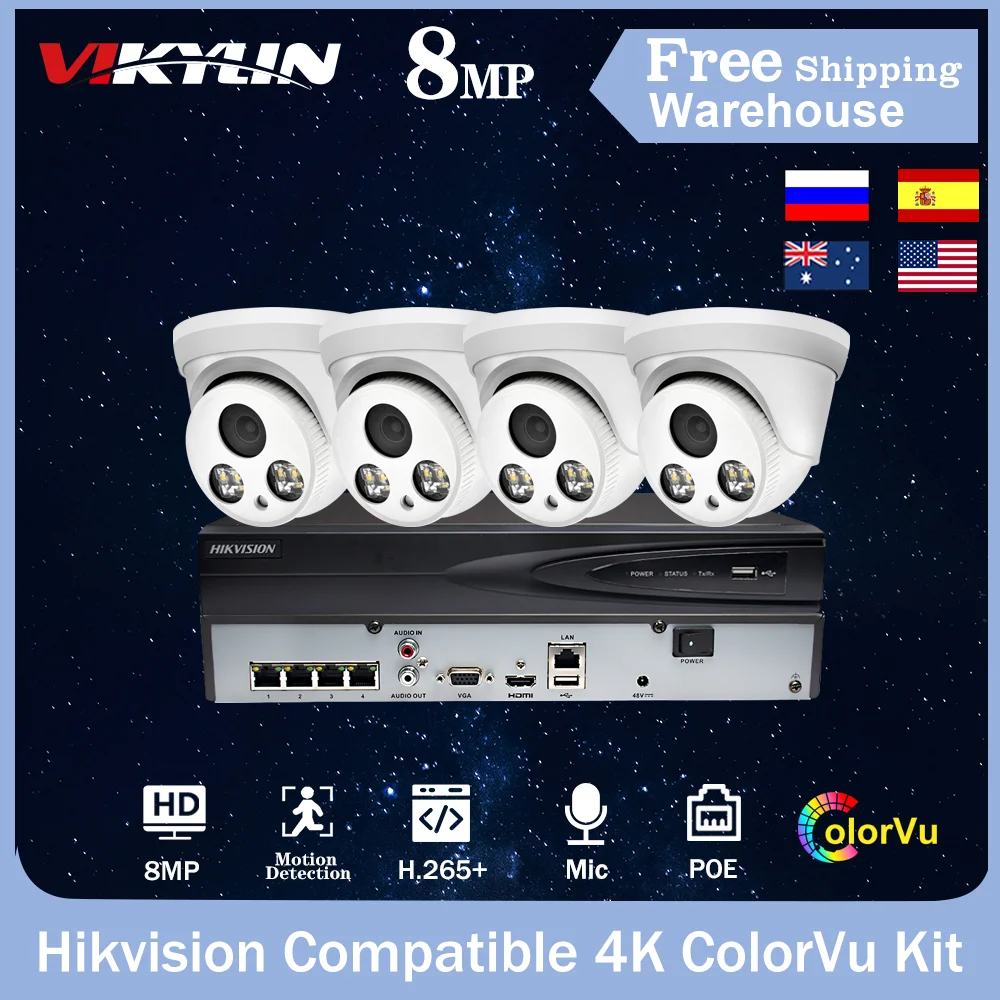 

Совместимая система видеонаблюдения Hikvision 4K, комплект, сетевой видеорегистратор DS-7604NI-K1/4P 8MP IP-камера H.265 POE ColorVu Bulit-in Mic Videcam