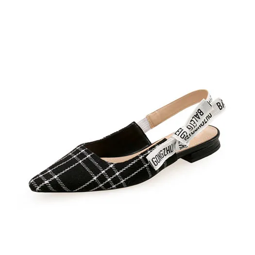 Black Plaid Flats В горошек новинка меш туфли на низком каблуке Указательный палец Размер 4 34 насосы Slingback черный средняя пятка стилет галстук-бабочка сандалии новая Лето китайская мода Китай - Цвет: Black Plaid Flats