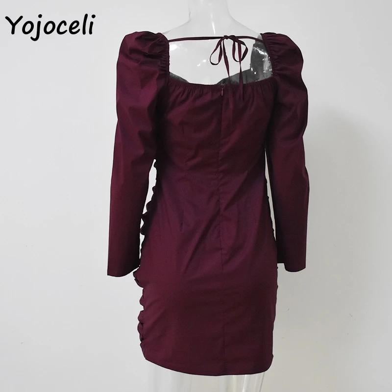 Yojoceli, сексуальное облегающее платье с длинным рукавом на шнуровке, женское винтажное Королевское мини-платье с квадратным вырезом, вечерние эластичные платья