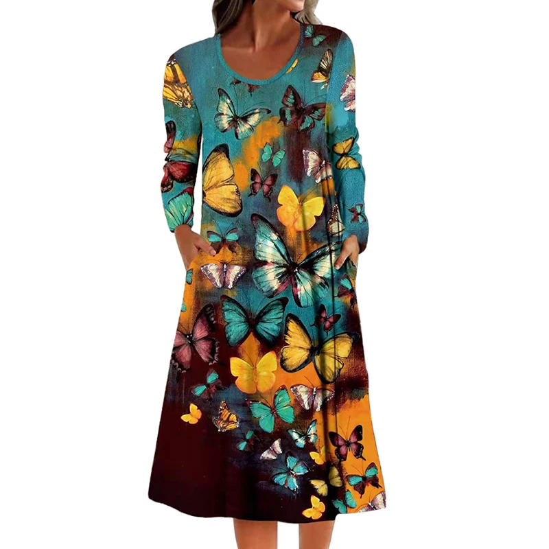 

Женское платье с круглым вырезом, длинным рукавом и принтом бабочки