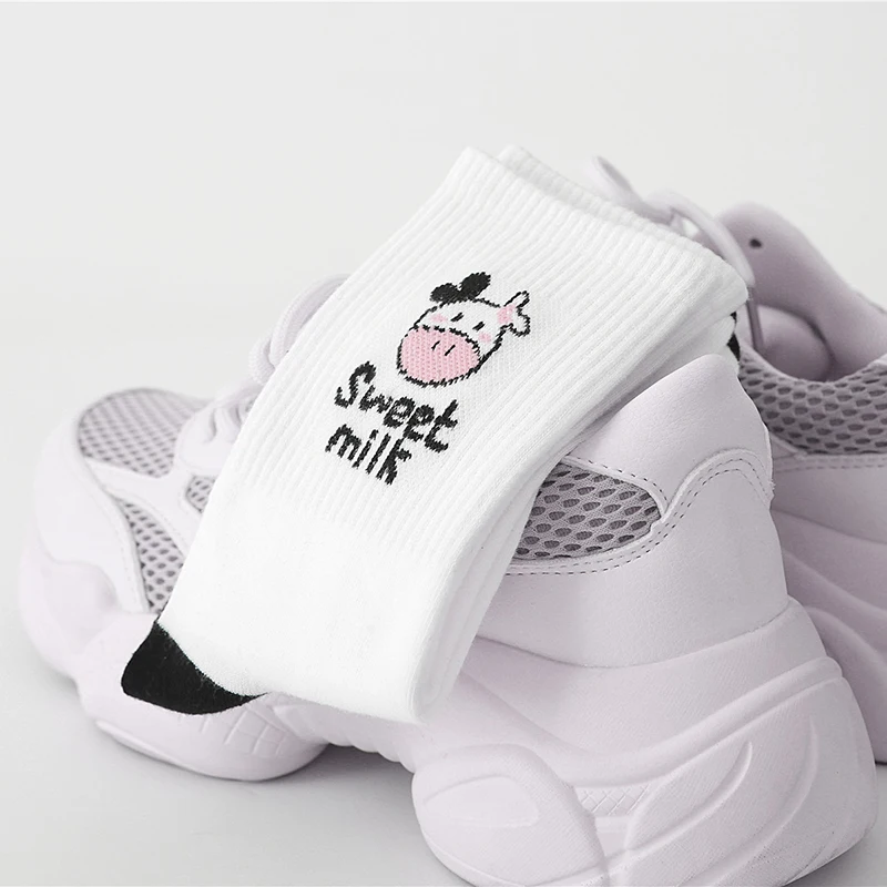 

New Arrivals Cow Printed Sock Lovely Harajuku Japanese Style Cotton Women Socks Striped Solid Breathable Casual Cartoon Socks