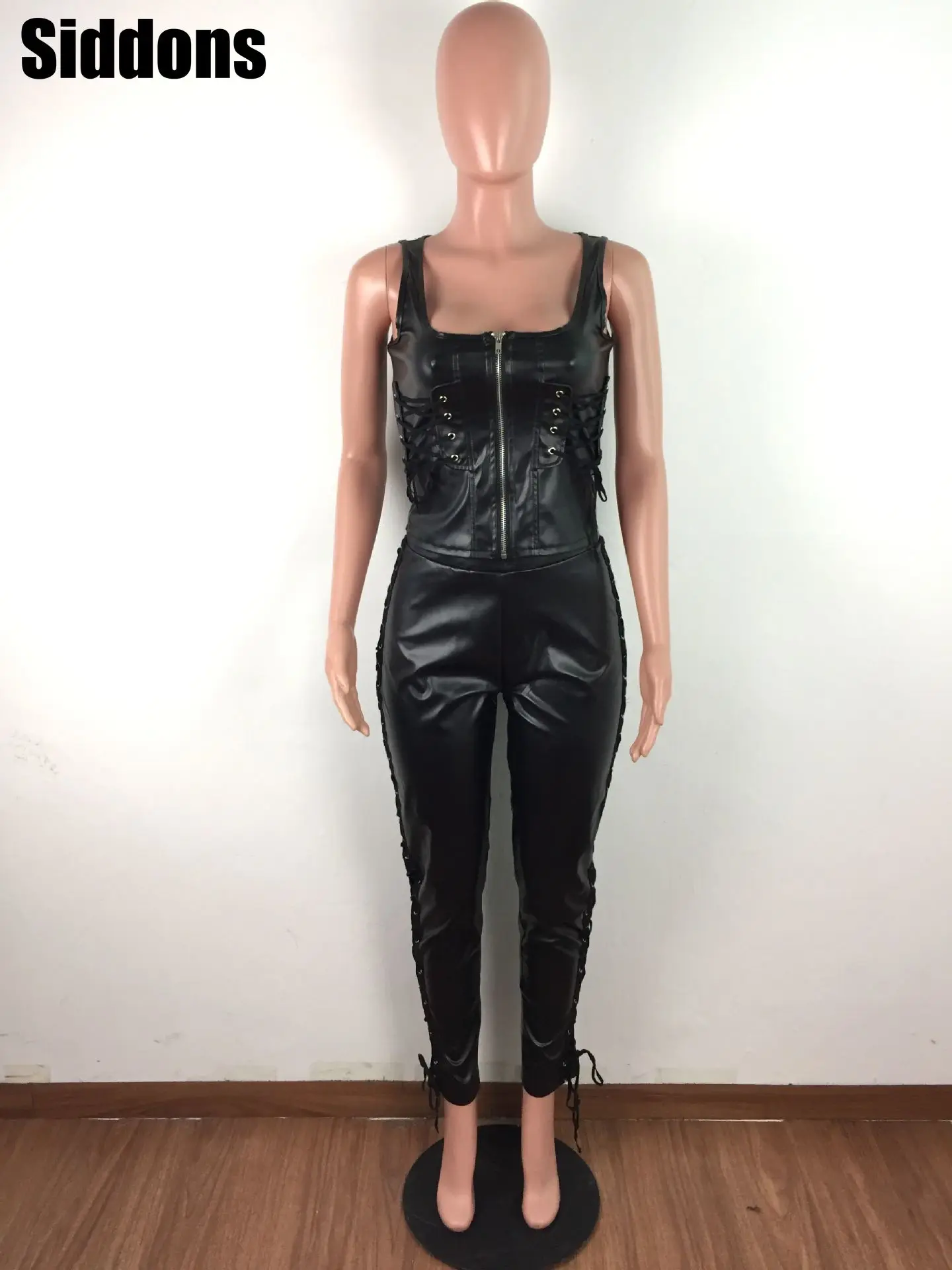 

2020 Autumn Spring Women V-Neck Sexy Eyelash Lace Sleeveless PU Leather Spaghetti Strap Crop Top & Flared Pants Set Suit Set