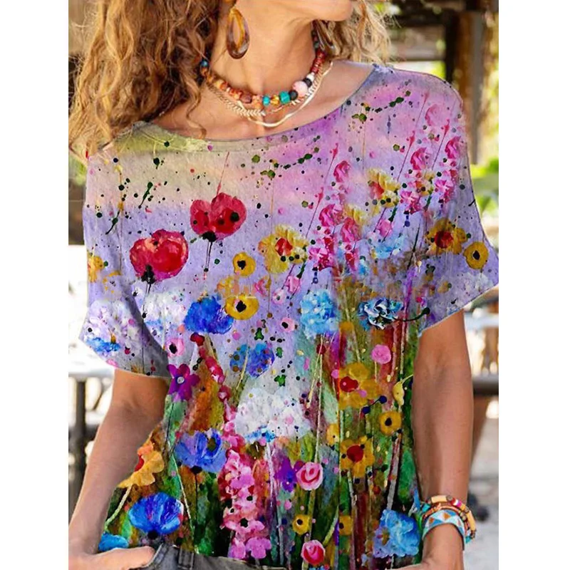 

Summer Women Fashion Printed Round Neck Pullover Tops Short Sleeve Casual Loose T-shirt Plus Size Blouse