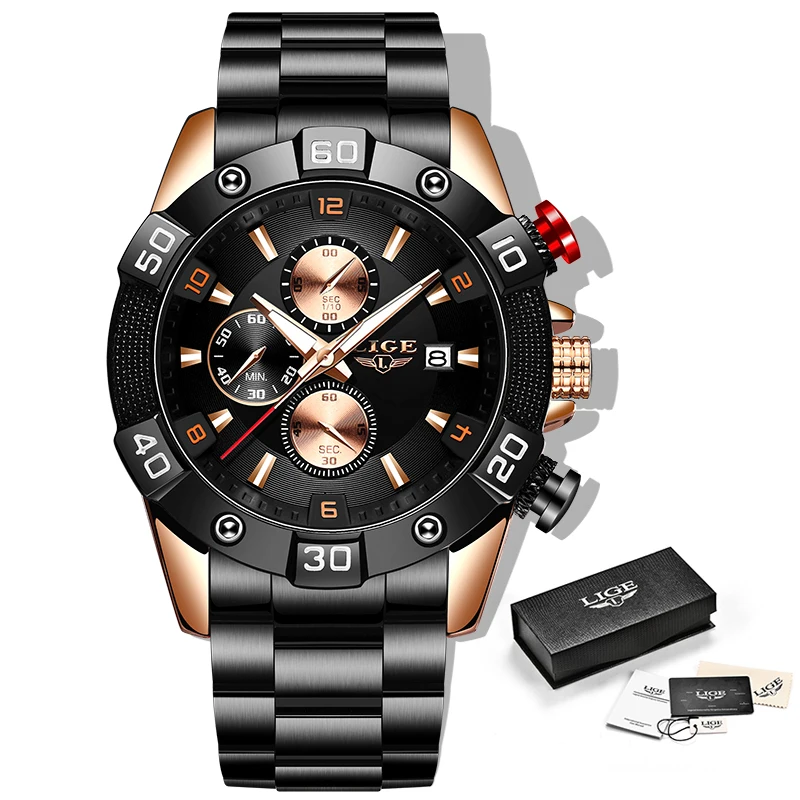 LIGE Mens Watches Stainless Steel Waterproof Wrish Watch Multi Function Gold Luxury Sport Montre Homme Luxe +Bo | Наручные часы