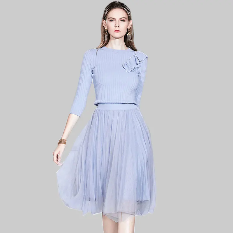 Элегантные Синие Трикотажные комплекты юбок для женщин из двух частей с