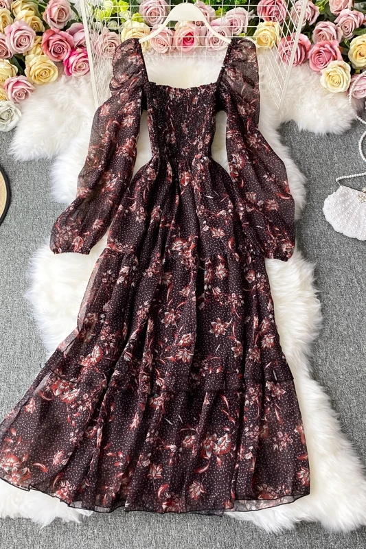 

2021 new women's dress floral long Sleeve Maxi Dress autumn fashion square collar high waist MIDI dress big swing party dress