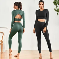 yoga set women sport tracksuit gym seamless female clothing outfit fitness athletic wear long sleeve crop top high waist legging