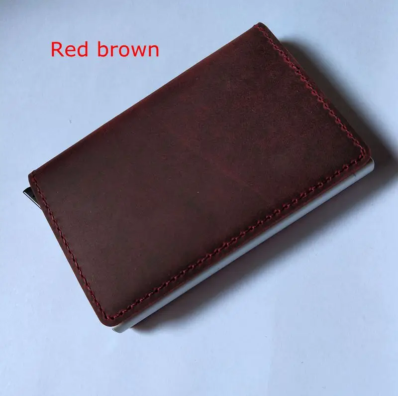 red brown Автоматический Silde алюминиевый ID наличные держатель для карт из натуральной кожи для мужчин бизнес RFID Блокировка Кошелек Кредитная карта протектор чехол - Цвет: red brown