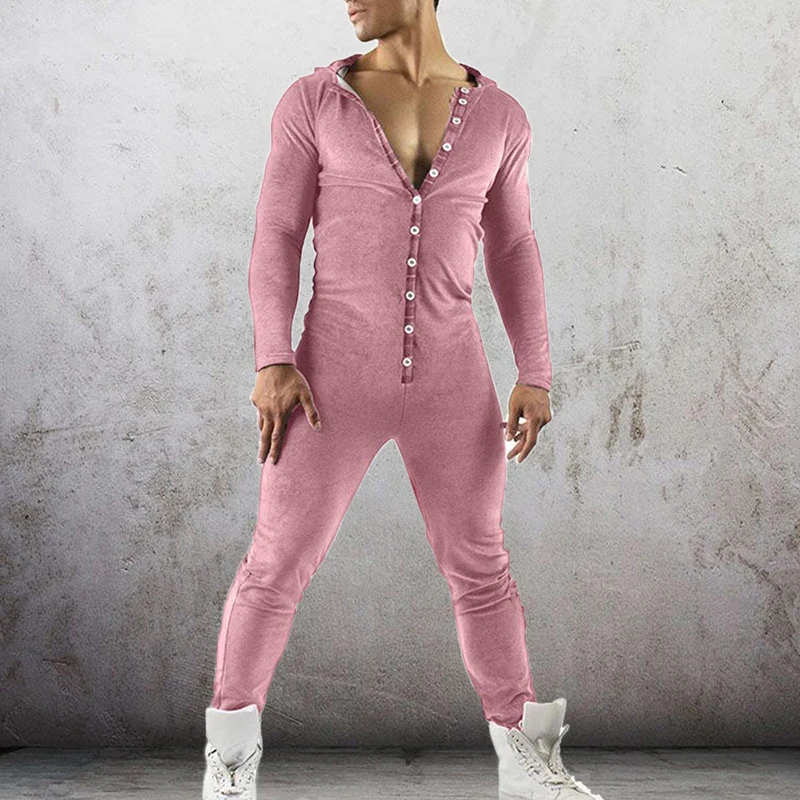 

Spring Men Hooded Button Design Sleepwear Onesie Men Casual Plaid Patchwork Jumpsuit Men One-Piece Pajama Playsuits Homewear 3XL