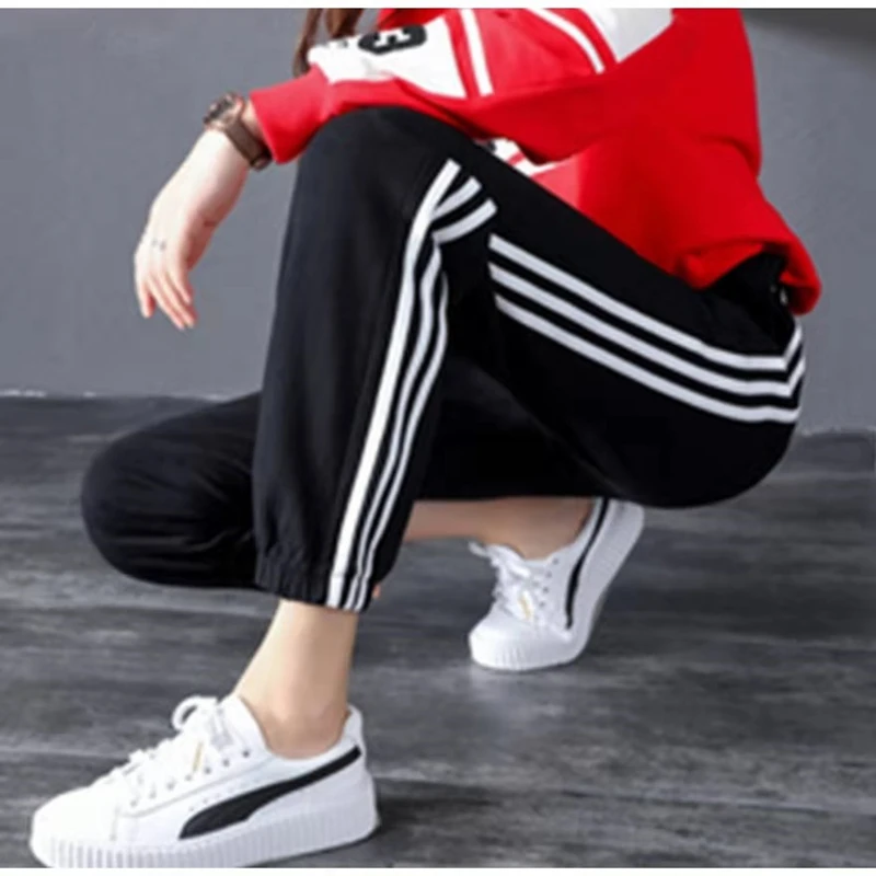 

2021 Summer Women's Pants Loose Elastic Waist Fashion Harem Sports Pants Black Striped Oversize Trousers Female Slim Soft Cozy