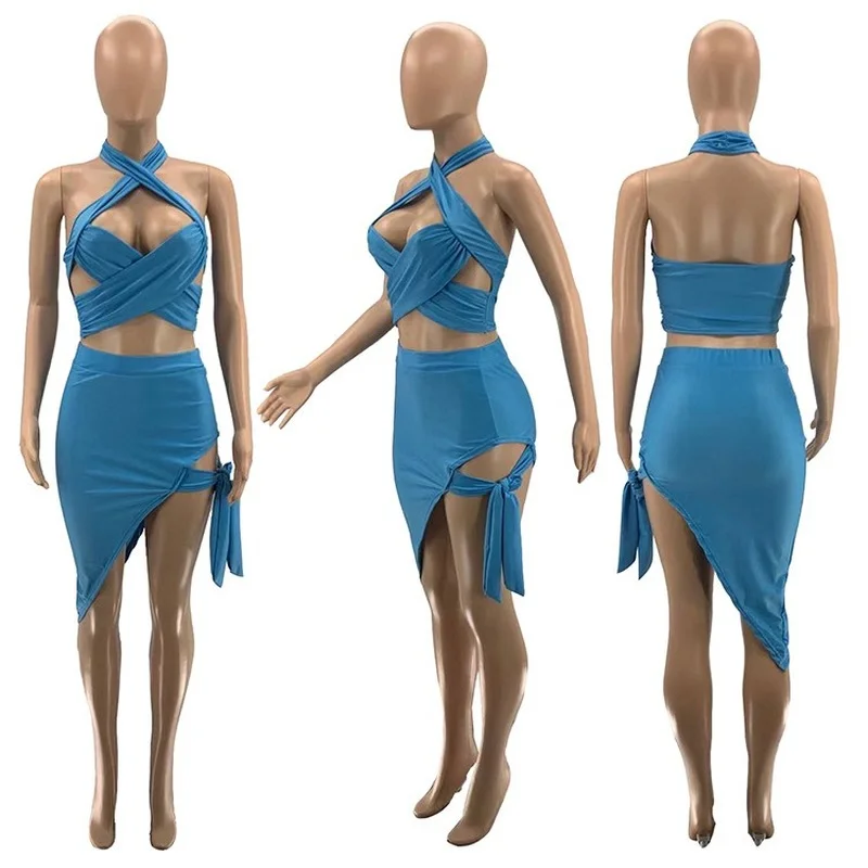 

Donsignet Women Skinny Playsuit Breast Wrap Halter Neck Sexy 2-piece Skirt Suit Women Crop Top and Skirt Set Two Piece Outfits
