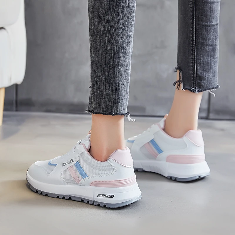 

New 2021 Shoes Woman Sneakers Fashion Patchwork Mesh PU Platform Lady Shoes Women Soft Lace-Up Sneakers Zapatos Para Mujer
