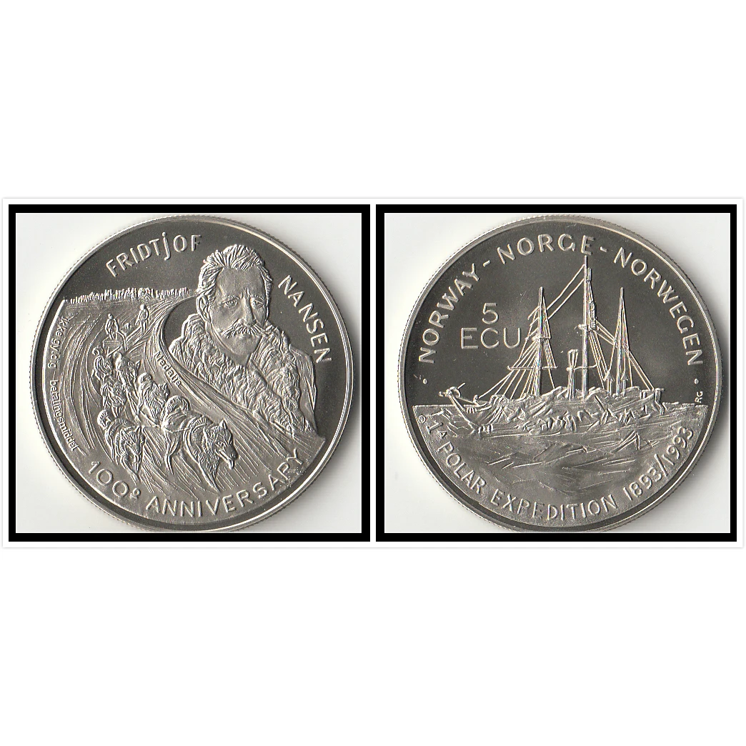 Памятные монеты Норвегии 5 ЭБУ 1993 юбилей первой полярной экспедиции 100% Европа