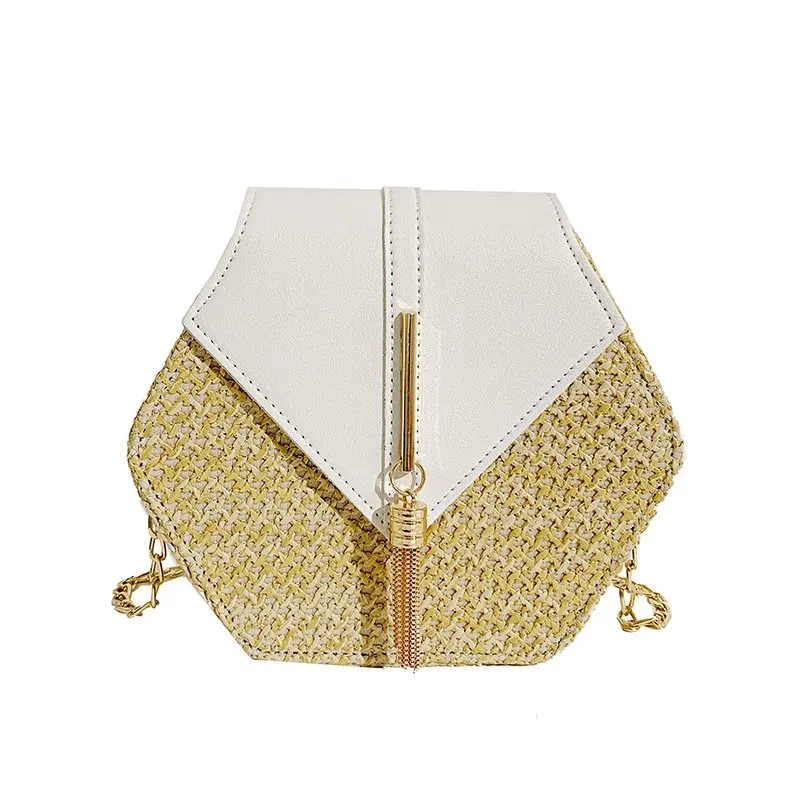 

Shape Tassel Hexagon Design Straw Crossbody Bags for Women 2021 Summer Fashion Hot Sell Woven Beach Shoulder Handbags Ladies
