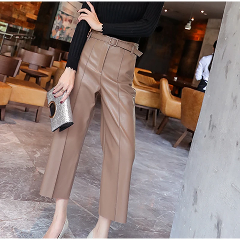 Autumn Faux PU Leather Pants Women With Belt High Waisted Wide Leg Anke-length Women's Trousers Winter NEW Fashion Clothes