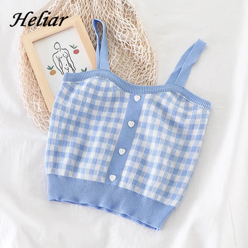 

Women Plaid Crop Tops Sleeveless Knitted Crop Tops Female Button Up Straps Camisoles Cute Tops for Women 2021 Summer