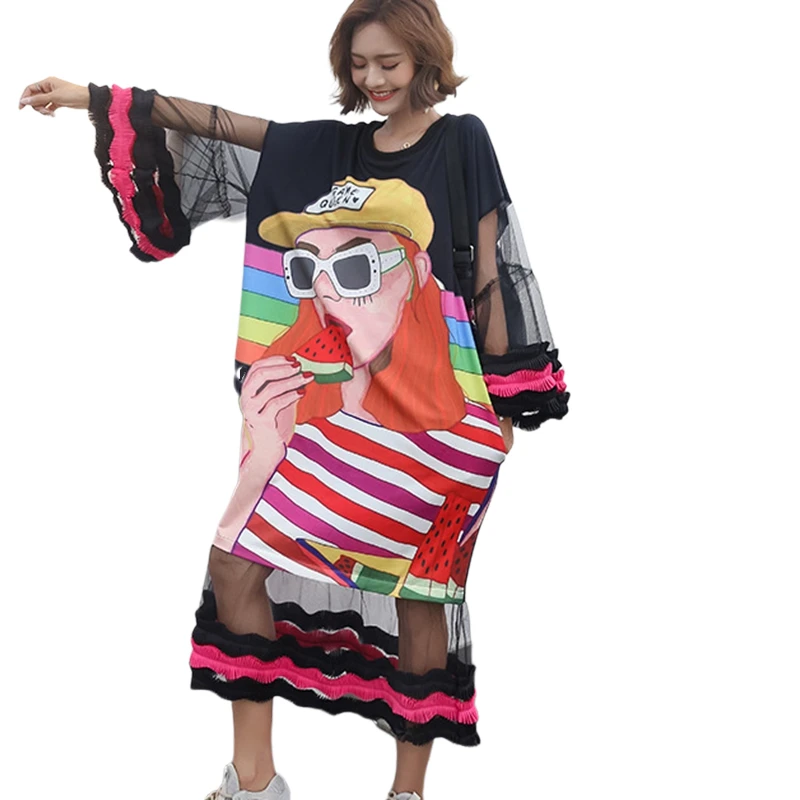 Женское Сетчатое платье с длинным рукавом черное мультяшным рисунком ulzzang в