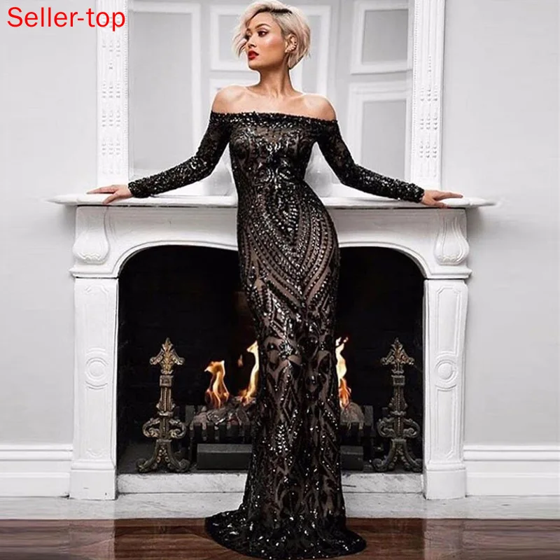 

Европейское и американское Новое Стильное Привлекательное платье с блестками и одним вырезом банкетное вечернее платье Длинные платья жен...