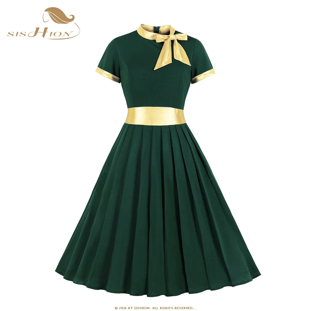 SISHION Elegant Short Sleeve Dresses Robe Party Rockabilly Casual Retro Dress 60 50s s Vintage Women Clothing SP0370