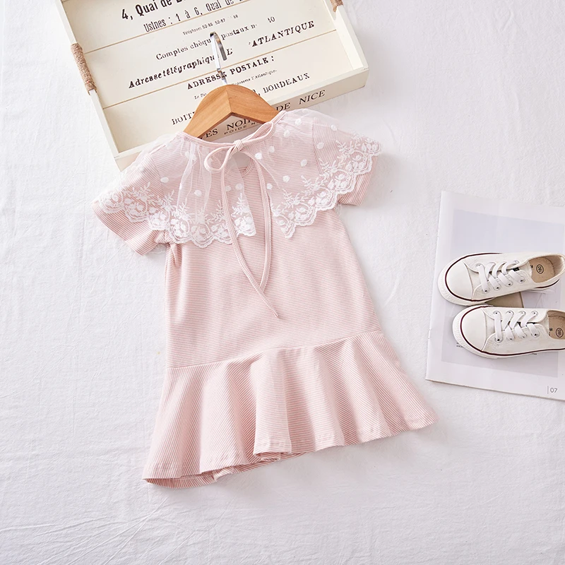 2019 New children's short-sleeved dress girl's striped baby lace collar kids dresses for girls | Детская одежда и обувь