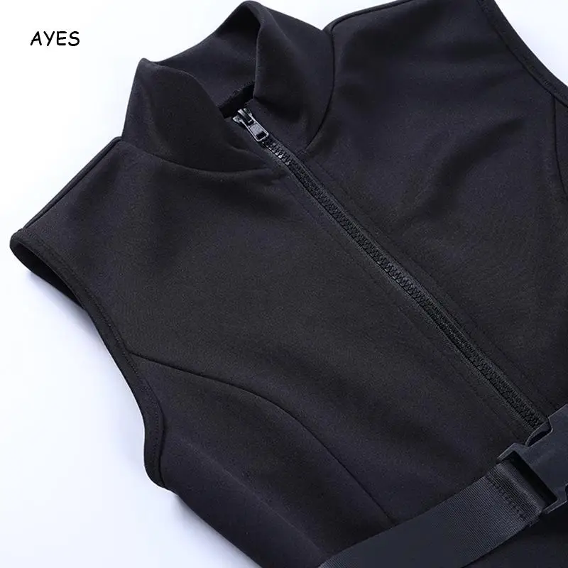 

Women 2021 Summer Sexy Slim Bodycon Dress New Sleeveless Tank Mini Dress With Belt Zipper Black Color Party Night Club Dress