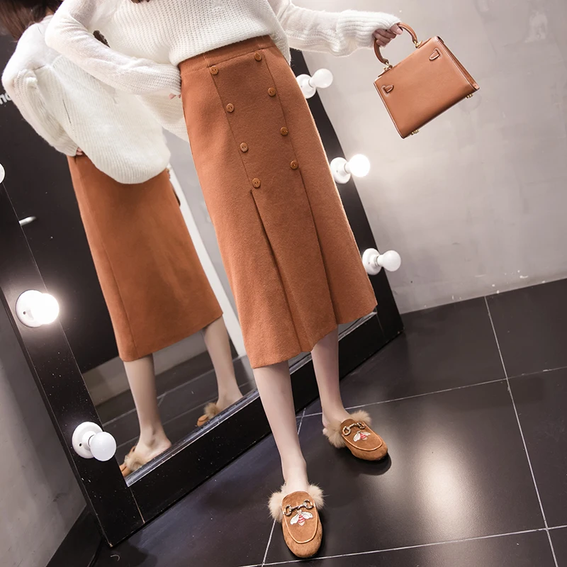 High Waist Stretch Knitted Skirt Women Elegant Double breasted Straight Long Skirts Female Autumn Winter Vintage Pleated Skirt