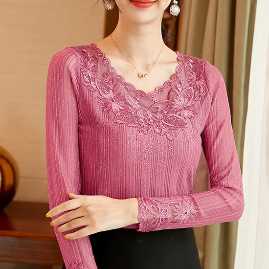 Pink Long sleeve Женская блузка, модная рубашка с длинным рукавом, Осенние Топы, элегантные тонкие вышитые кружевные рубашки размера плюс, Женские топы и блузы - Цвет: Pink Long sleeve