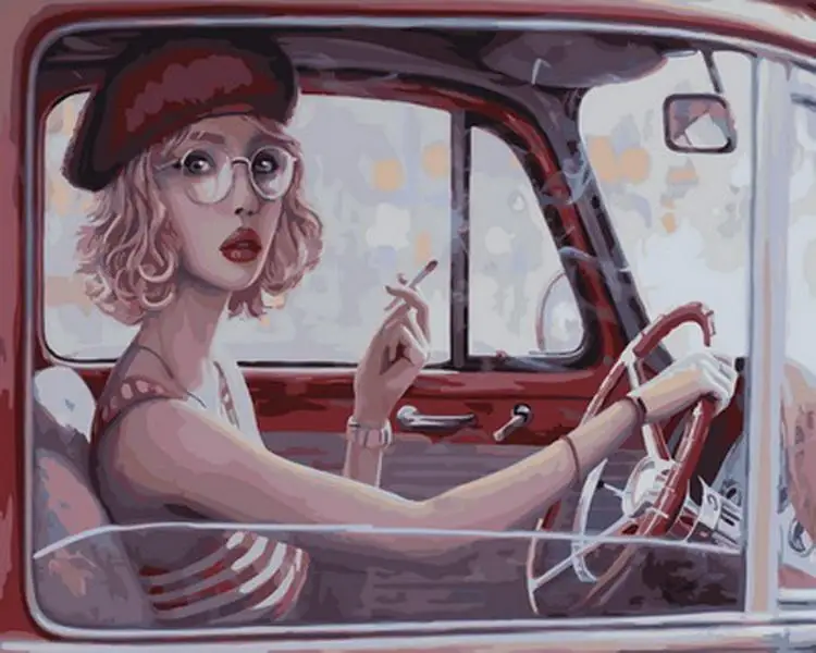 

drawings by number The girl in the car smoking oil paints painting by number acrylic paint wall decoration
