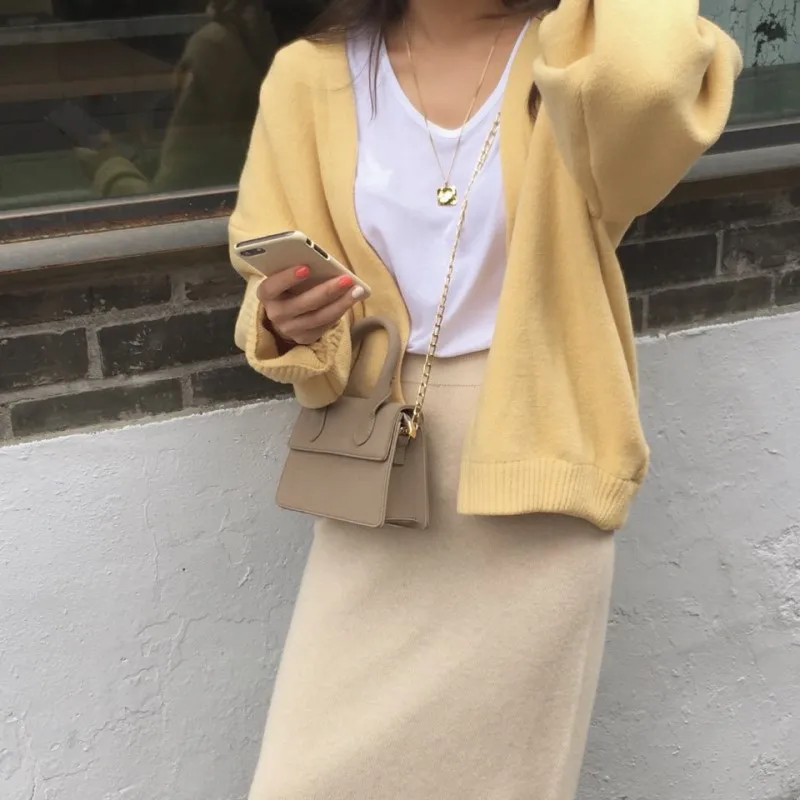 New Oversize Women's Sweaters Autumn Winter fashionable Vintage yellow Cardigans Single Breasted Puff Sleeve Loose Cardigan |