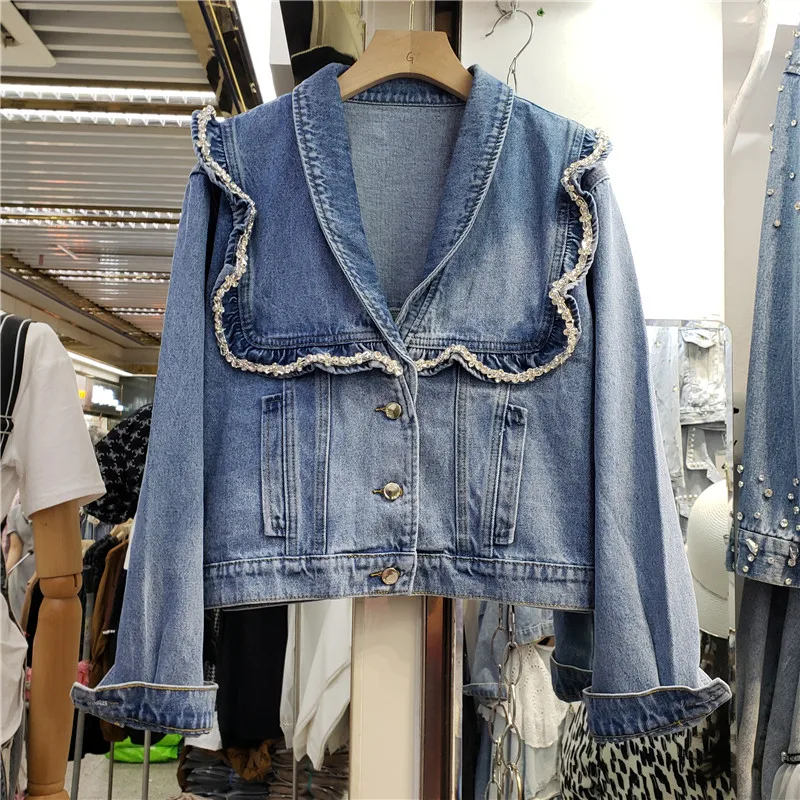 

Solid Color Korean Peter Pan Collar Irregular Female Long-sleeved Denim Short Women Jacket with Diamond Ears Jeans Coat