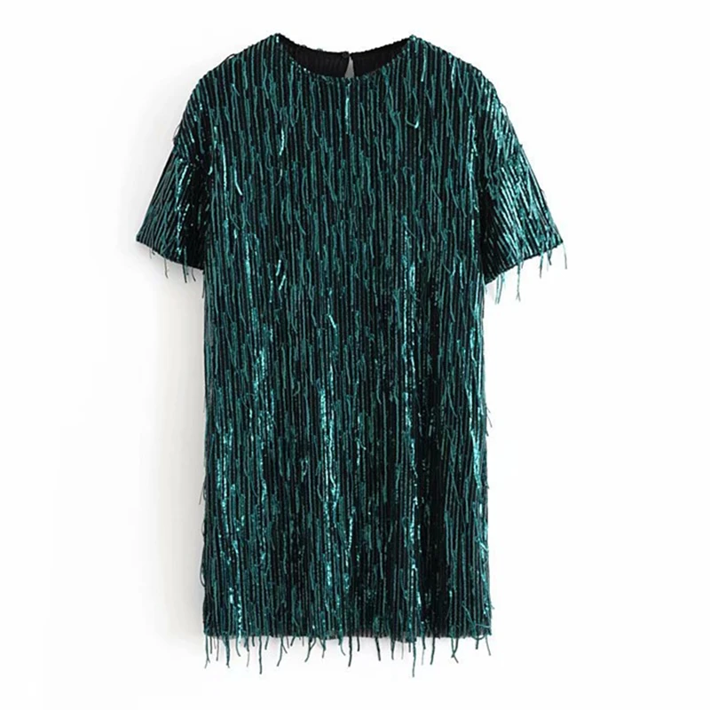 

2019 новые женские Круглая горловина футболка с короткими рукавами с бахромой, украшение, Цехин, мини-платье Женские повседневные Прямые Вече...