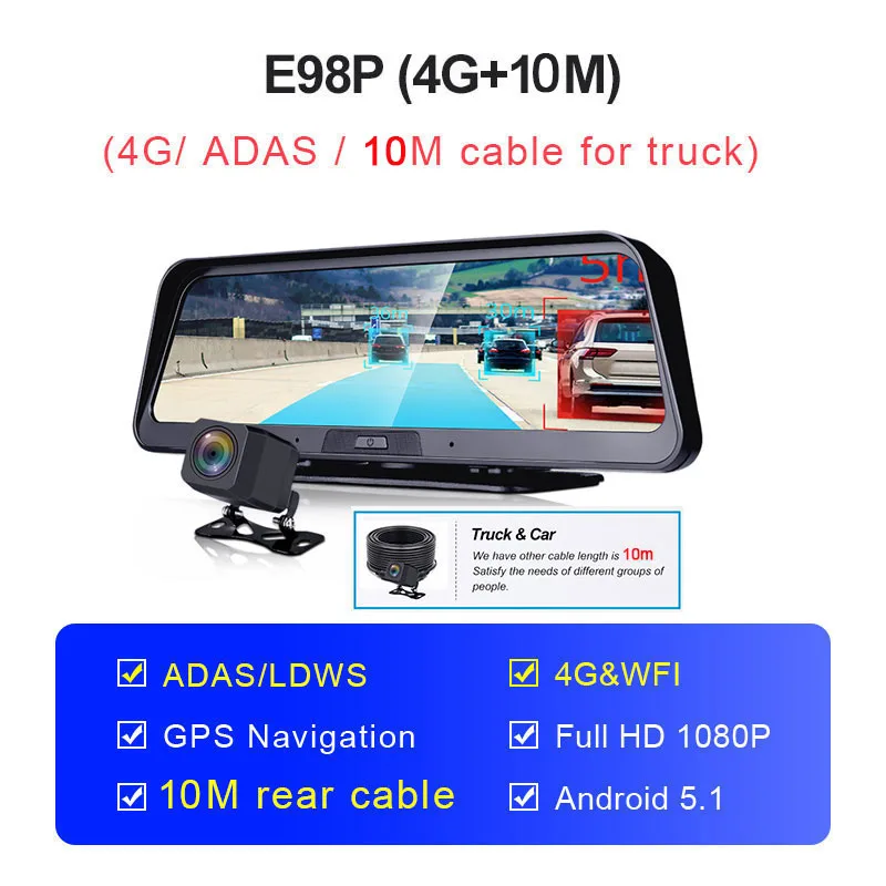 E98P-4G-10M Bluavido 1" потоковая 4G ADAS Smart dash cam Android gps навигация FHD 1080P Автомобильное видео Двойная камера WiFi удаленный живой мониторинг - Название цвета: E98P-4G-10M
