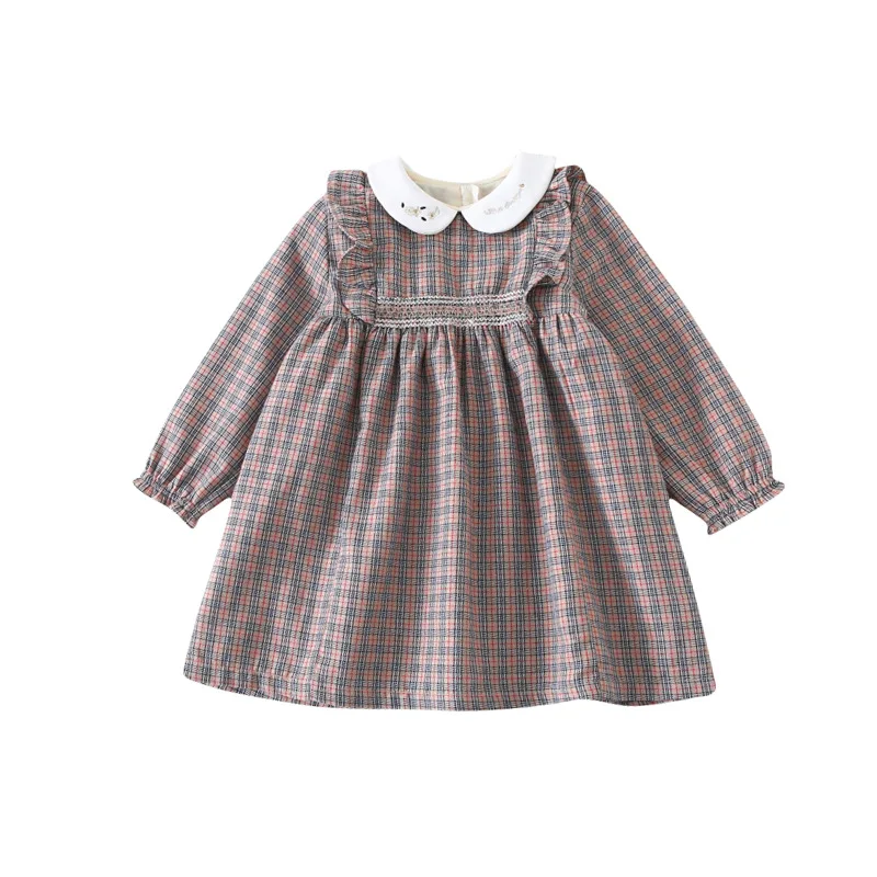 Spring New Arrival korean style cotton plaid long sleeve princess dress with letters embroidered collar for cute sweet baby girl | Детская