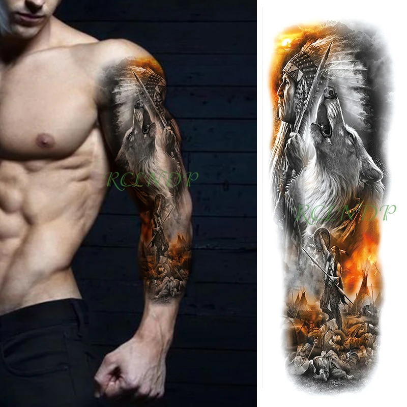 Водонепроницаемая Временная тату наклейка индийский worrior war fire roaing wolf forest full arm