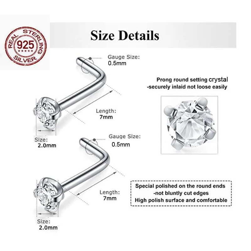 Серьга для пирсинга носа 2 мм прозрачная серебряная L-образная ювелирное изделие