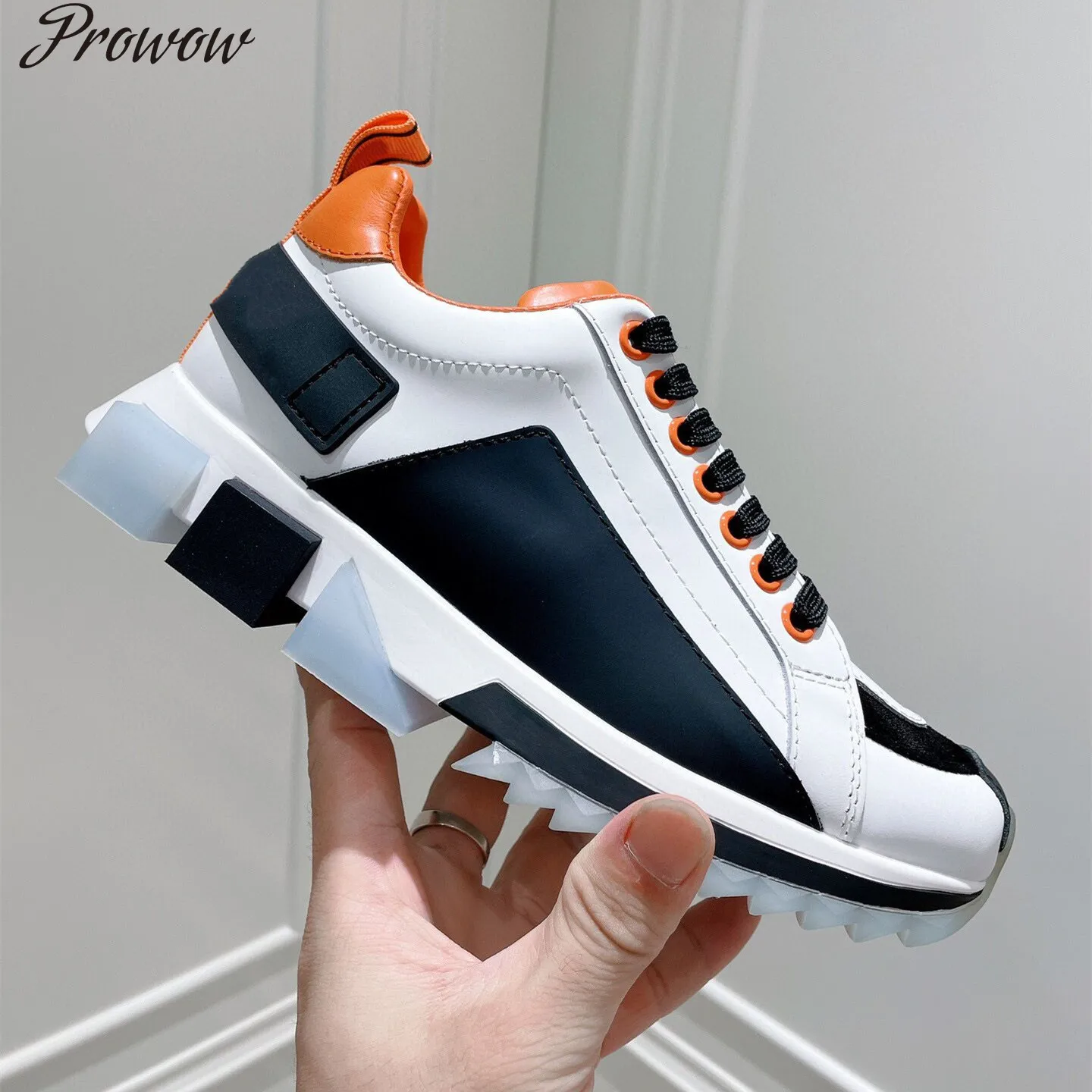 

Prowow Casual Designer Men Shoes White Genuine Leather Stripe Patchwork Trainer Lace Up Low Top Shoes for Woman Walk