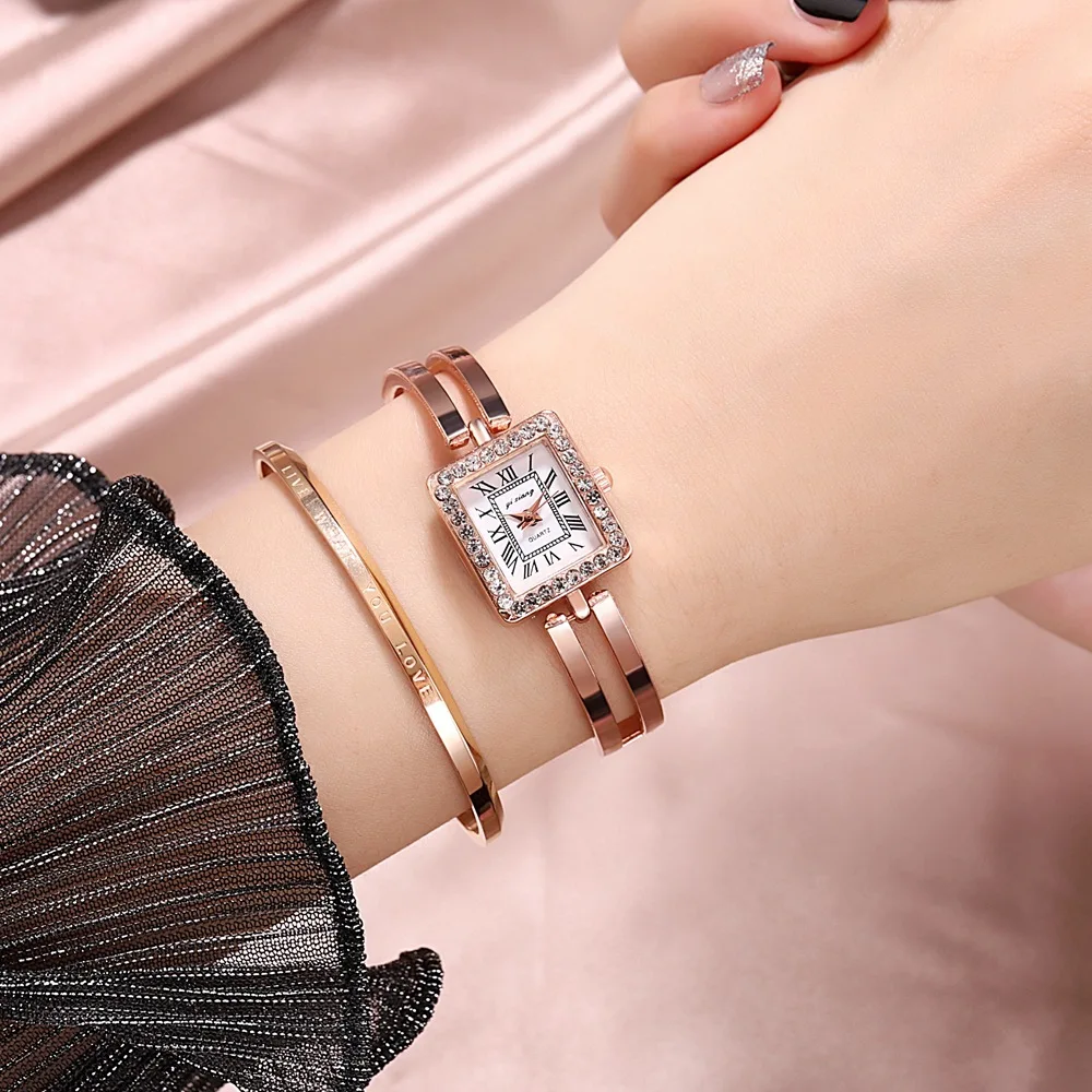 Простые Женские часы Стразы с квадратным циферблатом из нержавеющей стали