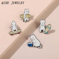 hip hop white cat enamel pins skateboarding custom cute brooch for women men badge lapel pin accessories backpack gift jewelry
