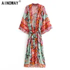 Женское пляжное кимоно в стиле бохо с принтом павлина и рукавами летучая мышь, женский халат с V-образным вырезом и кисточками, летняя накидка бикини Happie