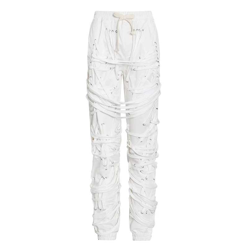 TWOTWINSTYLE Black Streetwear Bandage Pants For Women High Waist Lace Up Bowknot Casual Trouser Female Fashion New Clothing 2020
